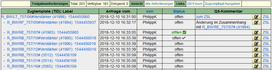 Zug QS-Auftragsliste