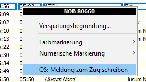 Kontextmenü im Fahrplan mit Text QS: Meldung zum Zug schreiben