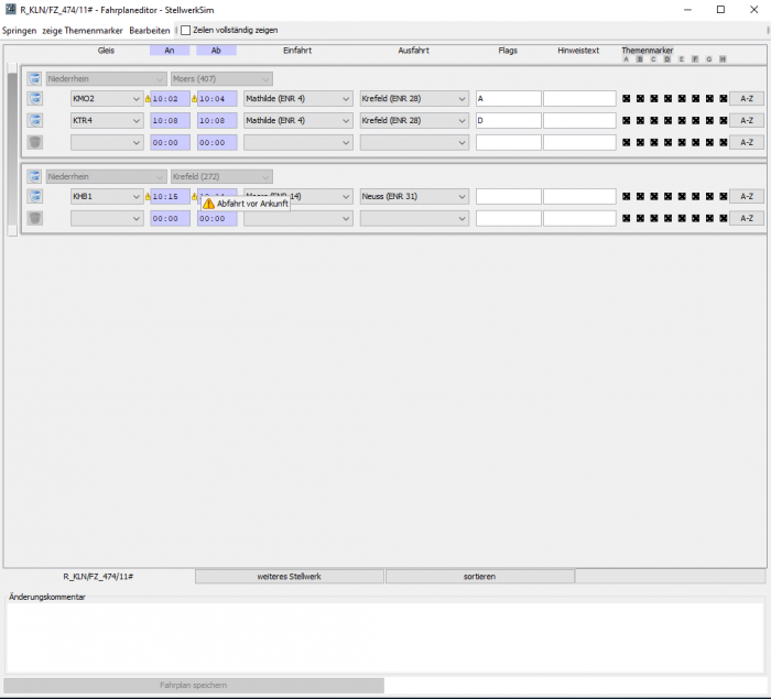 Warnung im Fahrplaneditor